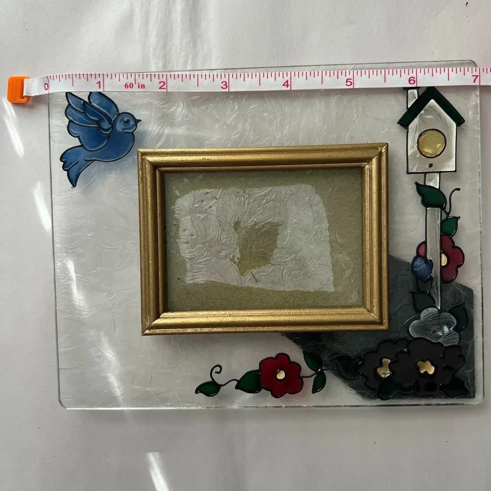 Decorative Glass Photo Frame with Bird & Floral Design, Gold-Trimmed, 4x6 inches